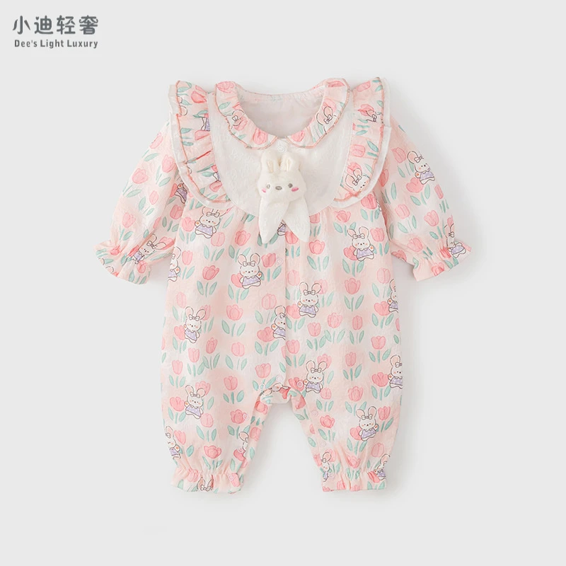 新款宝宝秋款连体衣双层长袖外出服可爱公主风新生儿爬服洋气哈衣