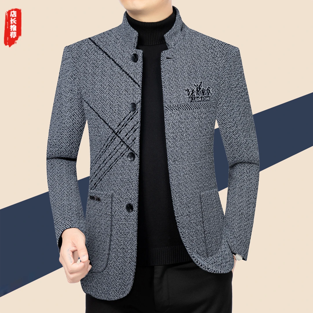 2024新款男士雪尼尔休闲外套中年立领商务夹克秋季高档爸爸男装