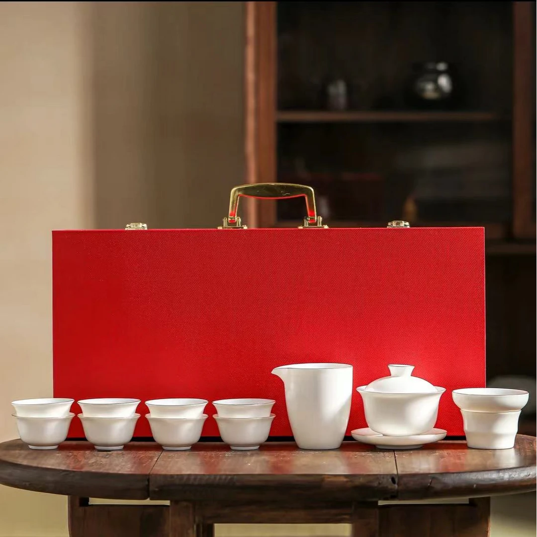 精美羊脂玉德化陶瓷茶具礼品套装简约高档礼盒装轻奢瓷盖碗茶杯