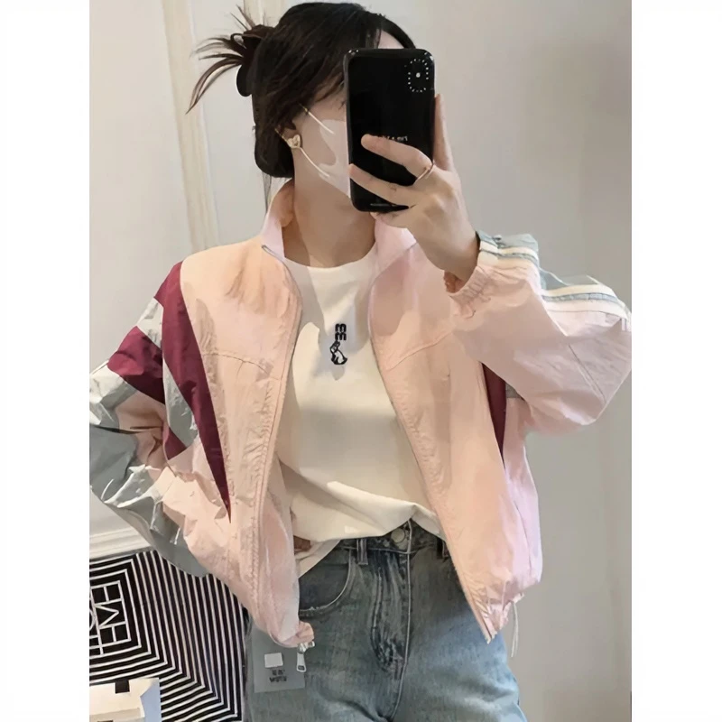 欧洲站运动风立领夹克长袖外套女韩版2024春季新款复古拼色上衣潮