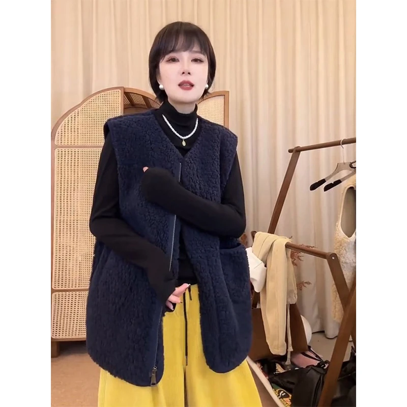 羊羔毛马甲外套女2024秋冬新款外穿中长款皮毛一体羊羔绒马夹背心