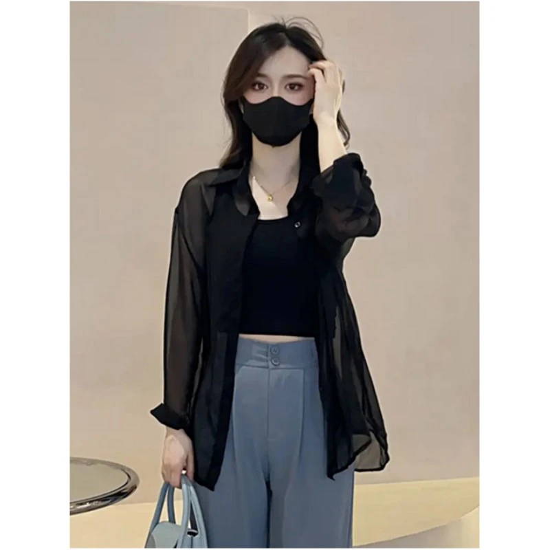 随性爽朗 黑色防晒衬衫女夏雪纺防晒衣小个子衬衣开衫外套薄