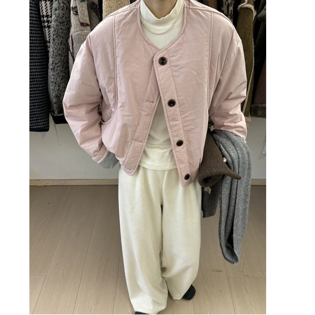 韩系圆领单排扣拼色棉服外套女欧洲站2024秋冬新款时尚简约棉衣潮