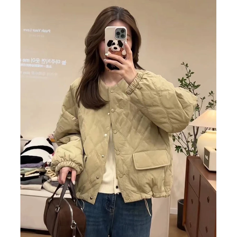 韩系单排扣菱形格显瘦棉衣女2024秋冬新款宽松小个子时尚百搭外套