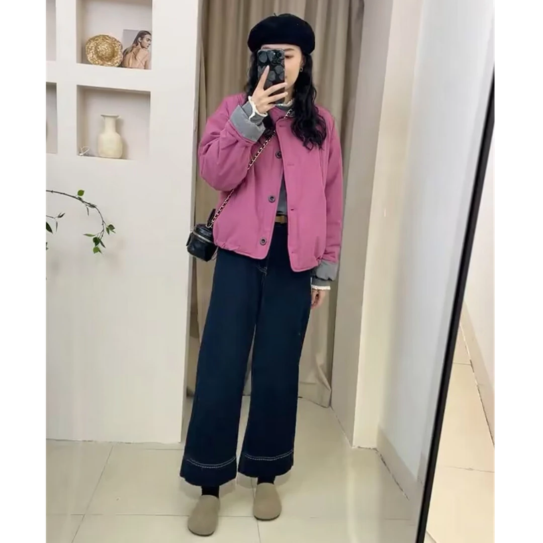 袖口撞色拼接棉服外套女夹棉2024秋冬新款韩版休闲加厚短款小棉袄