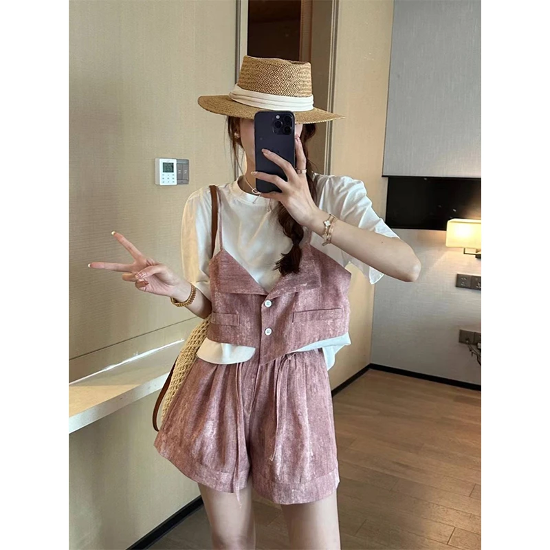 韩版设计款拼接假两件短袖上衣+阔腿短裤套装女2024夏新款两件套