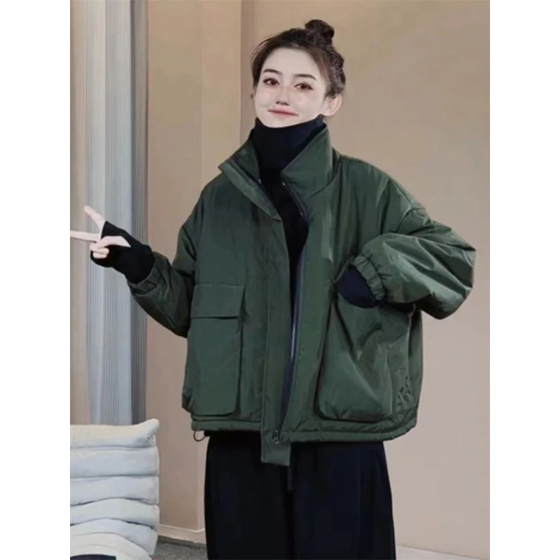 大口袋立领夹棉棉衣外套女2024年秋冬工装休闲百搭宽松拉链棉服