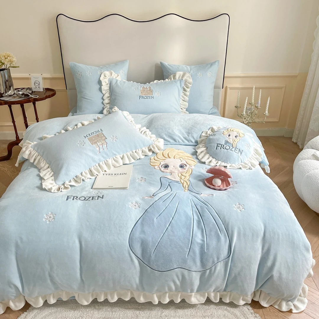 【小迪心选】艾莎公主冬天加厚保暖卡通女孩牛奶绒刺绣四件套加绒