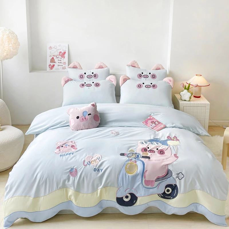 【小迪心选】可爱小猪女孩刺绣全棉卡通水洗棉四件套纯棉单人网红
