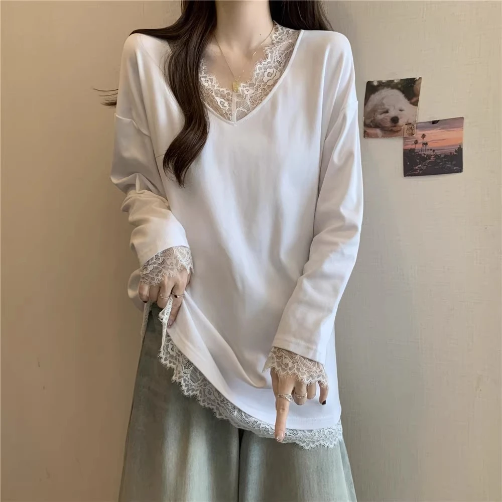 大码白色蕾丝打底衫女秋冬胖mm宽松遮肉显瘦中长款遮屁股V领上衣