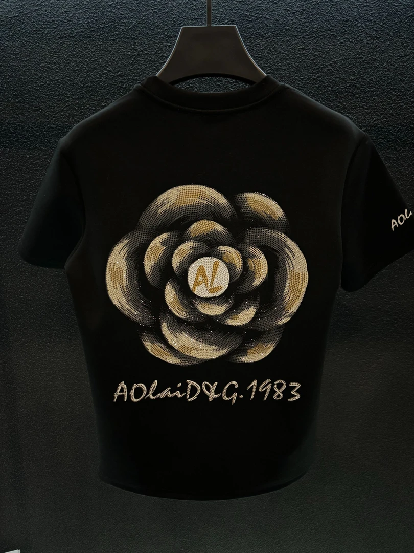 【222-2】2025春季新款时尚百搭轻奢日常流行舒适情侣圆领烫钻短袖