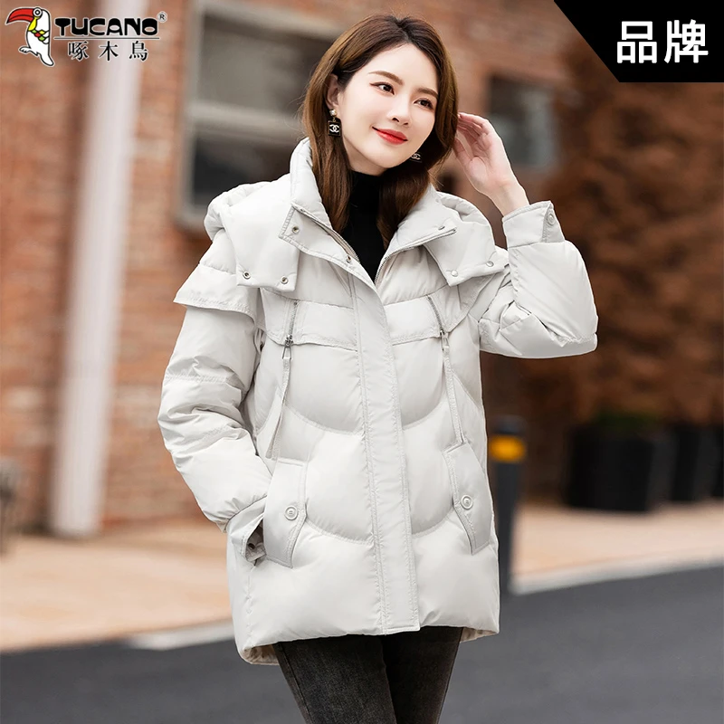 啄木鸟羽绒服女士韩版修身冬季棉袄妈妈装轻薄保暖白鸭绒短款外套