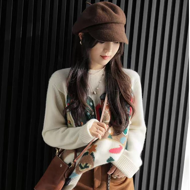 100羊绒✦手工刺绣小镇毛针织衫宽松加厚秋冬套头上衣打底时尚百搭
