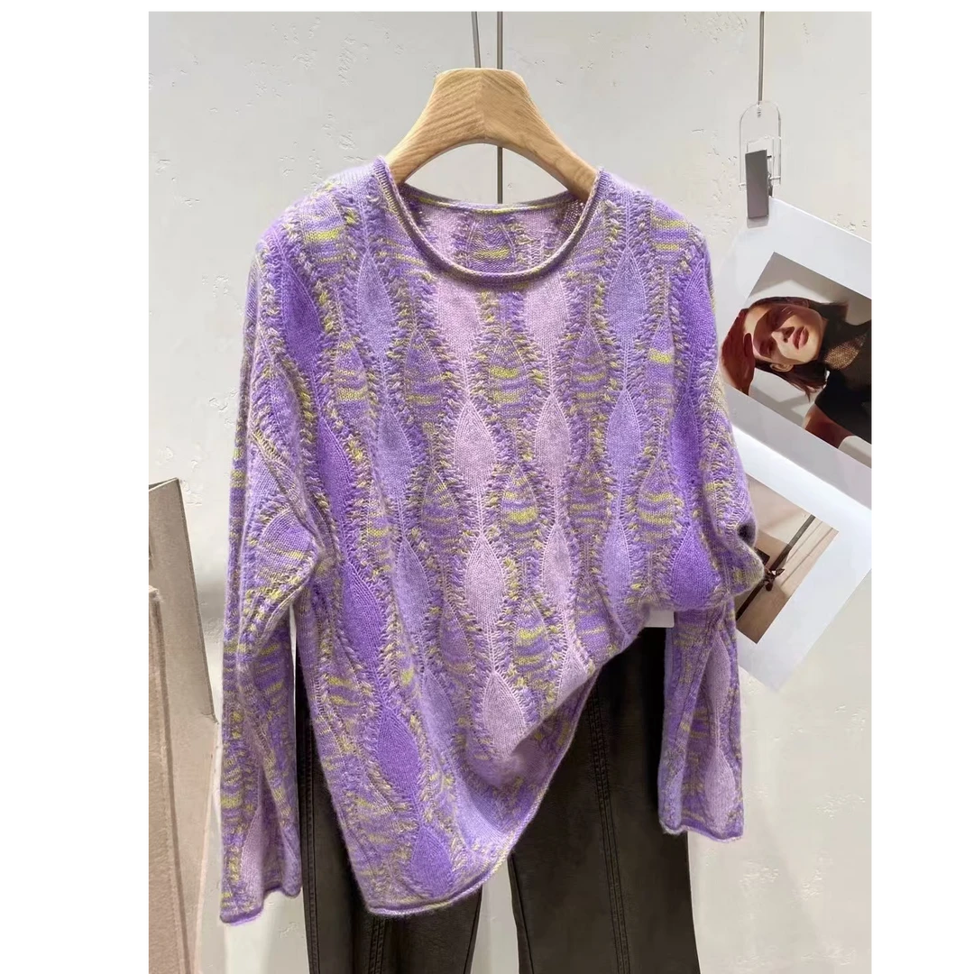 潮漠j精选✦24179段染羊绒套衫网红针织时尚镂空宽松紫色圆领提花