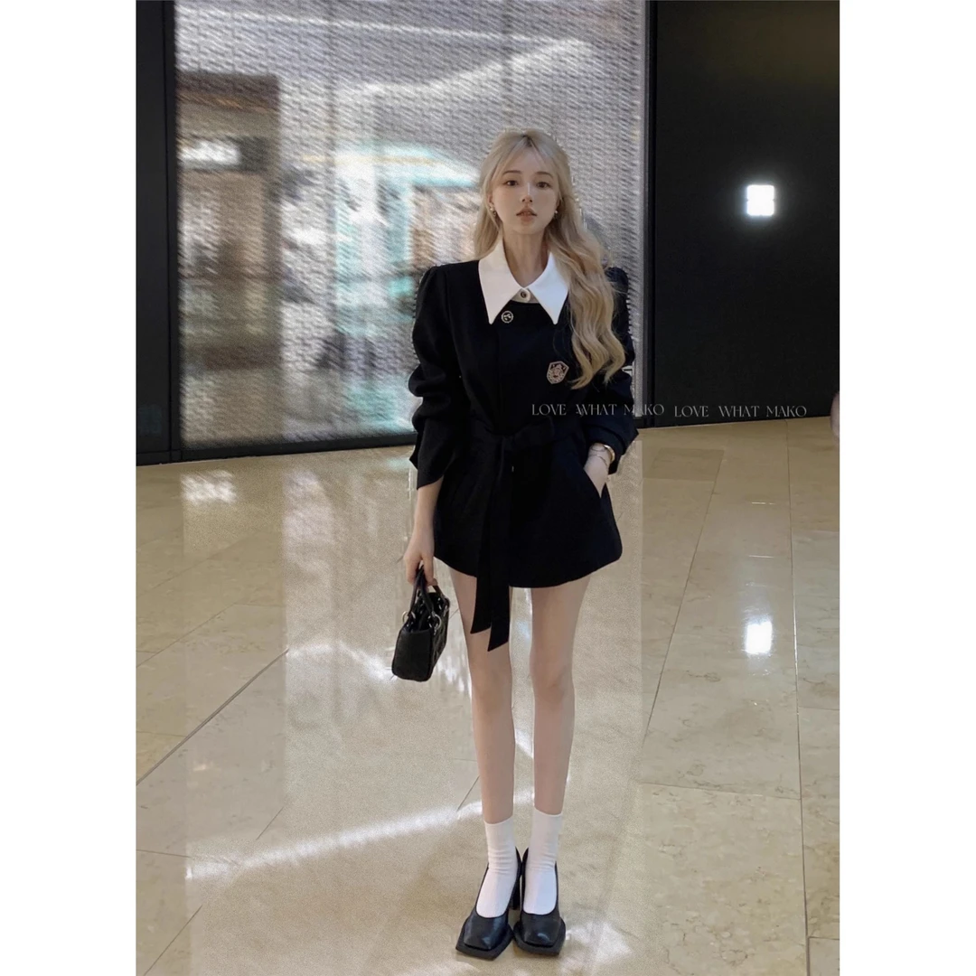 英伦学院风假两件西装外套女秋季高级感气质收腰黑色拼接西服上衣