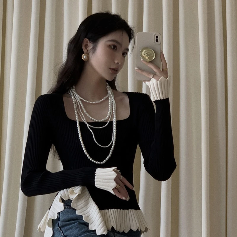 秋冬方领拼色针织衫洋气显瘦不规则拼接撞色优雅法式长袖针织衫