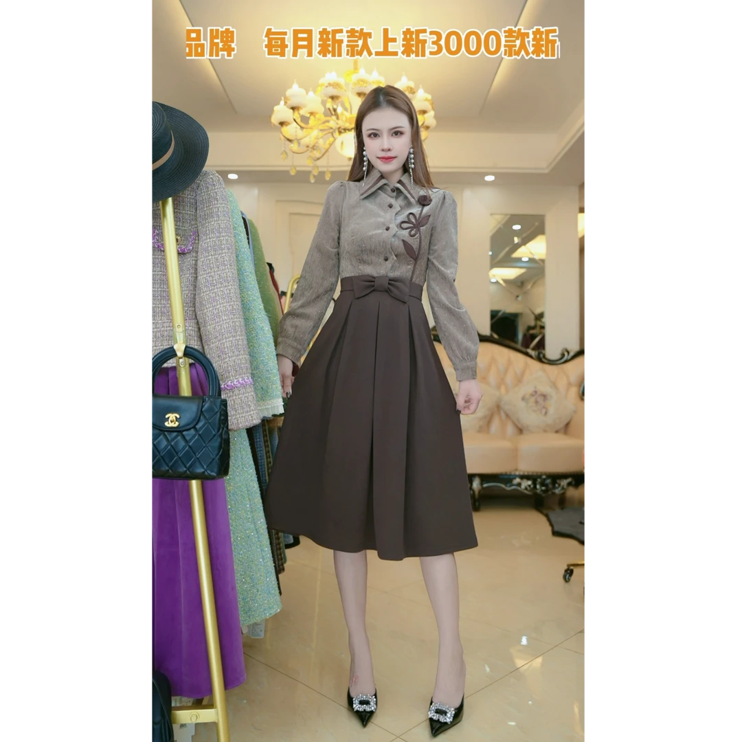 （现货）梦想服饰POLO领拼接长袖连衣裙2024秋季新款遮肉裙子8033