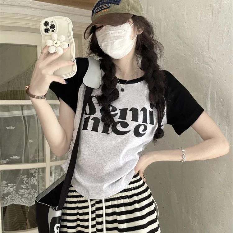Mi too 夏季新款修身显瘦抽绳拼色设计感复古短款T恤女辣妹装