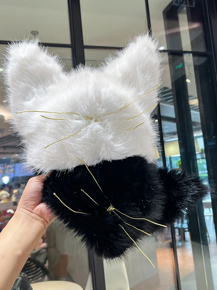 日系可爱猫咪耳朵胡须毛绒绒帽子女冬季加绒保暖包头帽护耳雷锋帽
