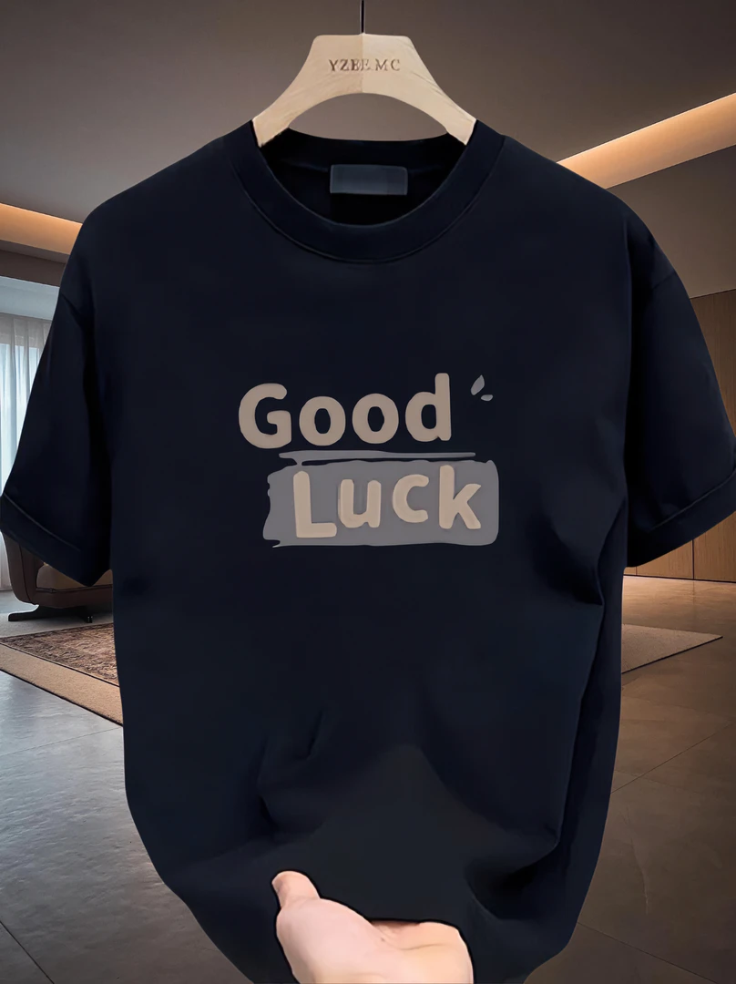 2024夏季新款好运印花纯棉短袖T恤男宽松百搭潮流打底圆领上衣