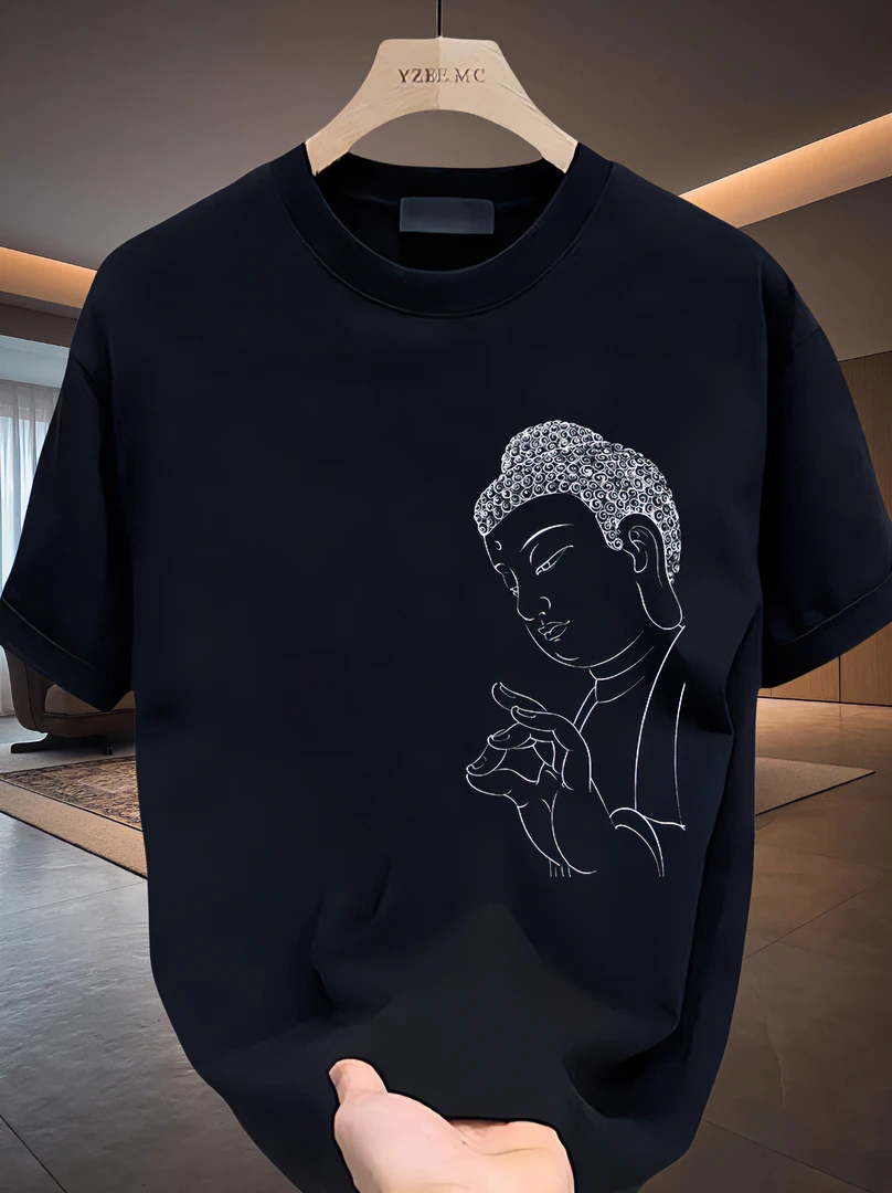 2024夏季新款线条佛印花纯棉短袖T恤男宽松百搭潮流打底圆领上衣