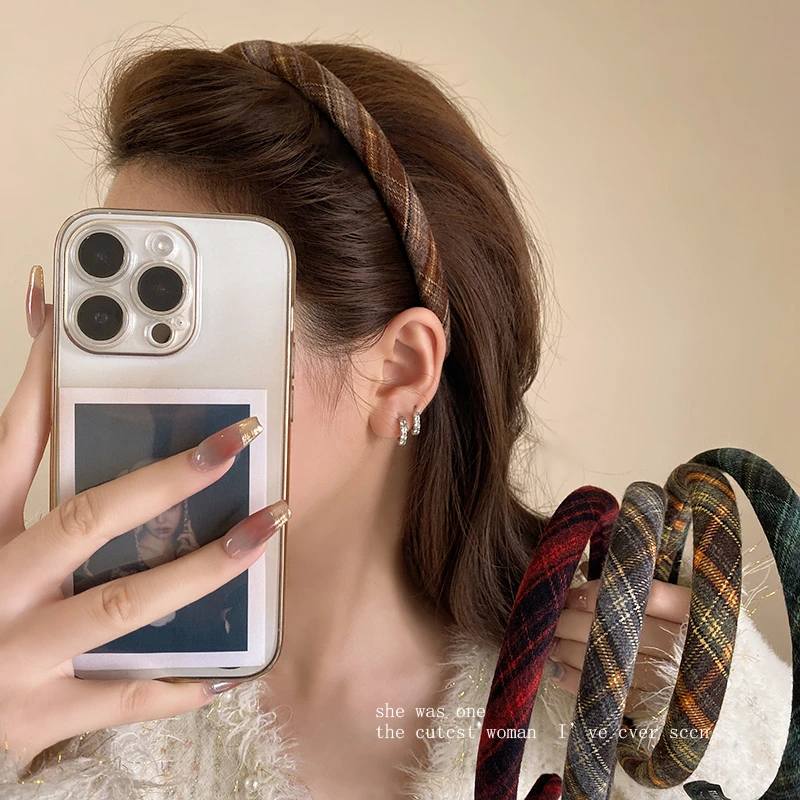 秋冬美拉德高级感毛呢格子细发箍女新款洗脸头箍气质外出百搭发箍