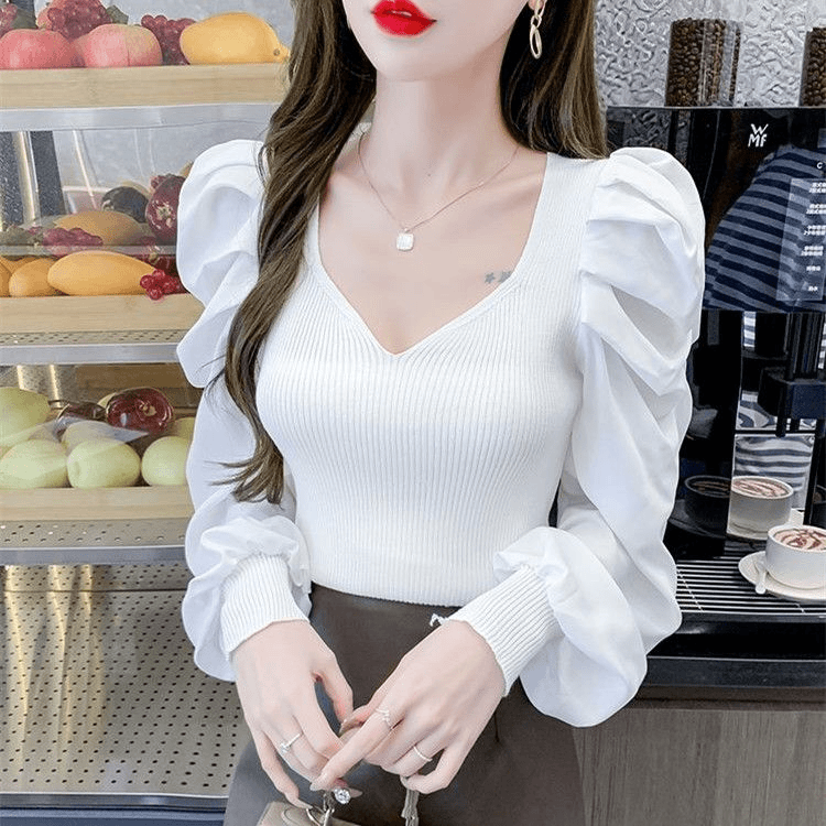 法式泡泡袖v领小衫女2023小个子新款设计感小众时尚洋气条纹上衣