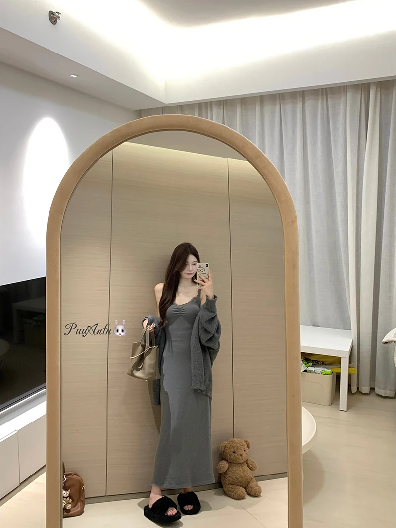 PuuAnfn【不费力时髦】显瘦性感吊带连衣裙针织衫毛衣外套~省心穿搭