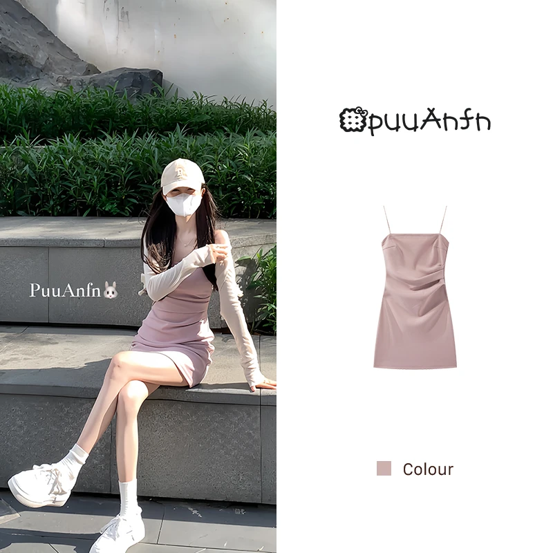 PuuAnfn 【铃兰粉栀】连衣裙~时尚修身显瘦气质吊带开叉裙~