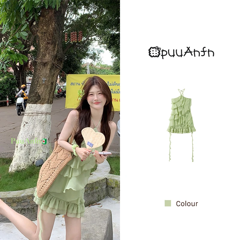 PuuAnfn【绿野仙踪】挂脖无袖绿色百搭一字肩甜美连衣裙~