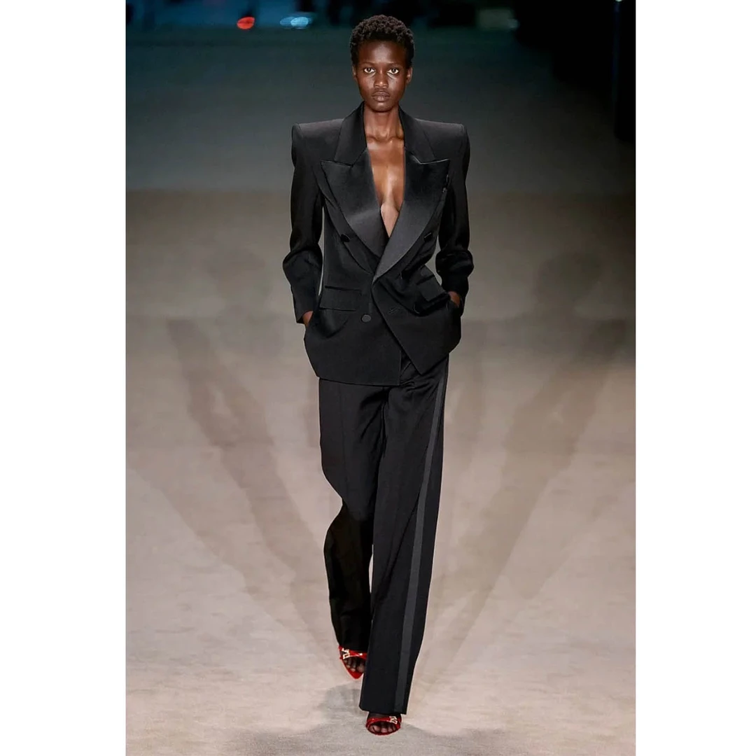 高端黑色职业气质西服套装女双排扣宽松西装阔腿裤通勤正装两件套