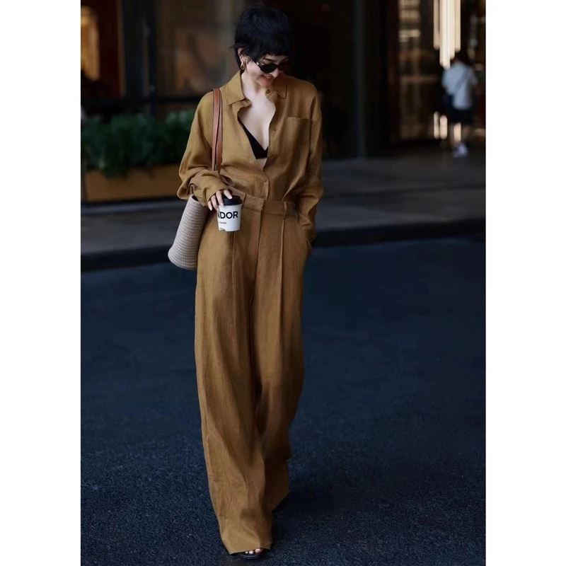 高端休闲麻料套装2024早秋新款老钱风松弛感亚麻衬衫阔腿裤两件套