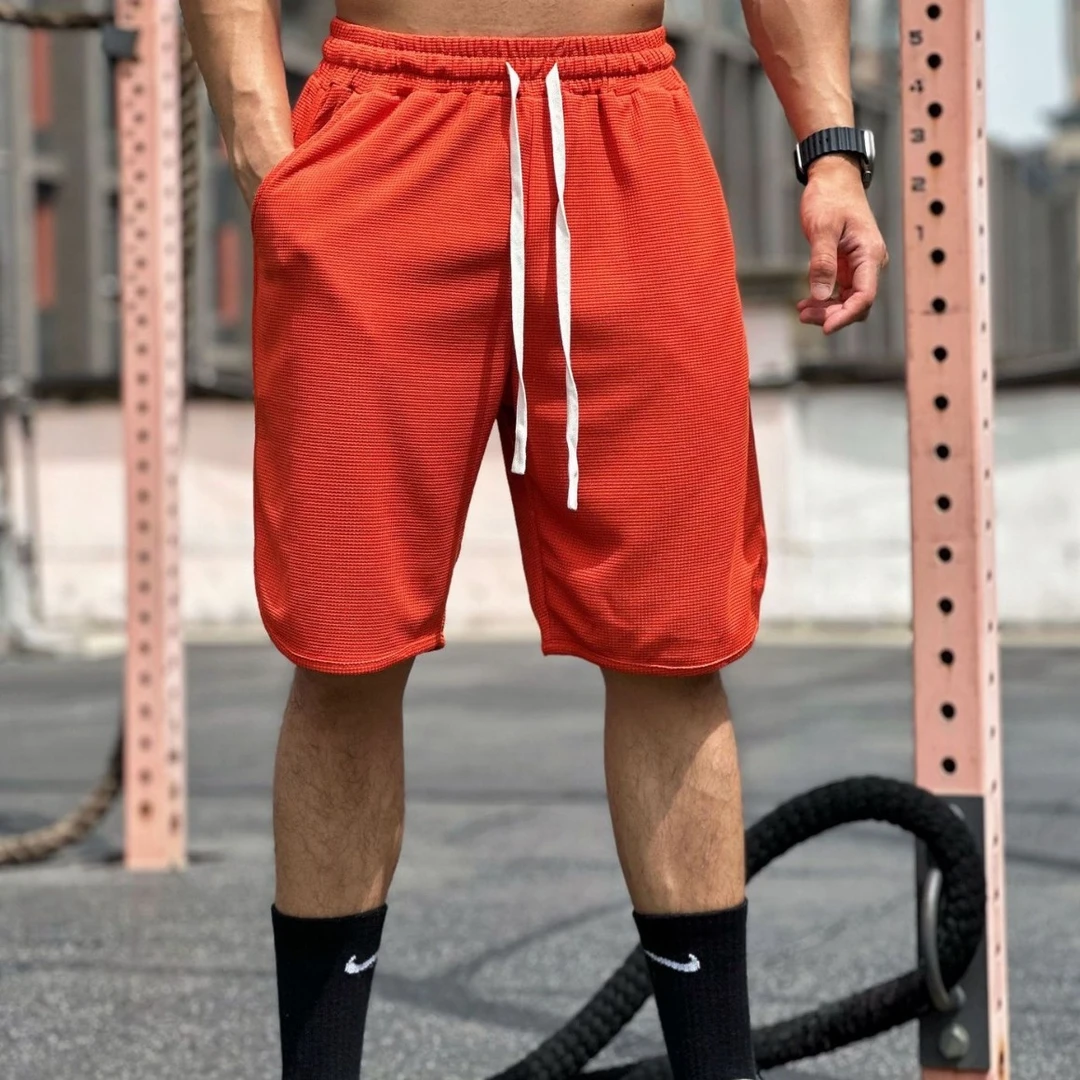 拼接男士运动速干潮牌拳击练腿训练五分裤肌肉健身篮球华夫格裤子