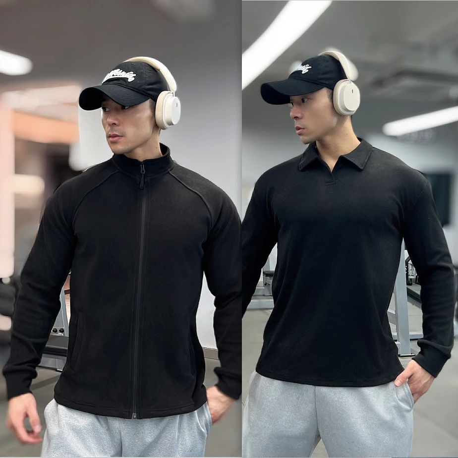 秋冬重磅双面德绒保暖修身健身拉链/复古POLO长袖运动高弹打底长T