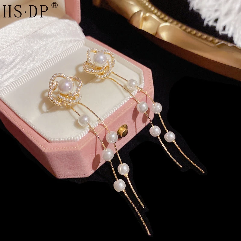 铜合金合成锆石耳饰 620镂空山茶花两戴珍珠流苏耳坠女精致超仙