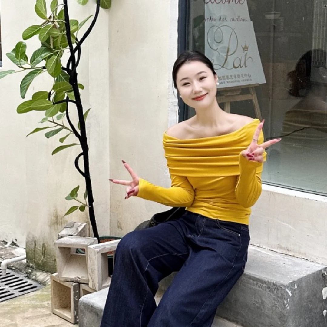 【韩不韩】奶油黄色一字肩