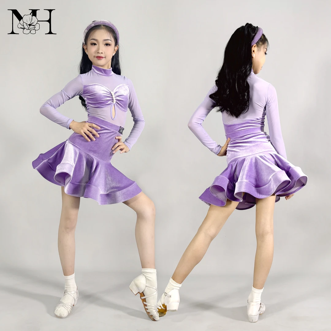 【仙女风】MH DANCE少儿拉丁舞训练服珍珠丝绒网眼拼接甜美套装
