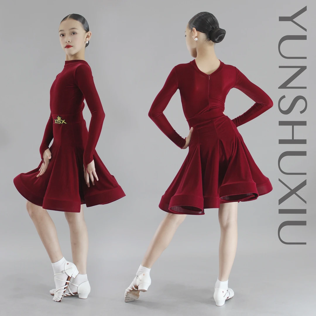 YSX 云舒袖 | 拉丁舞赛服规定服考级服气质深红超薄绒套指长袖