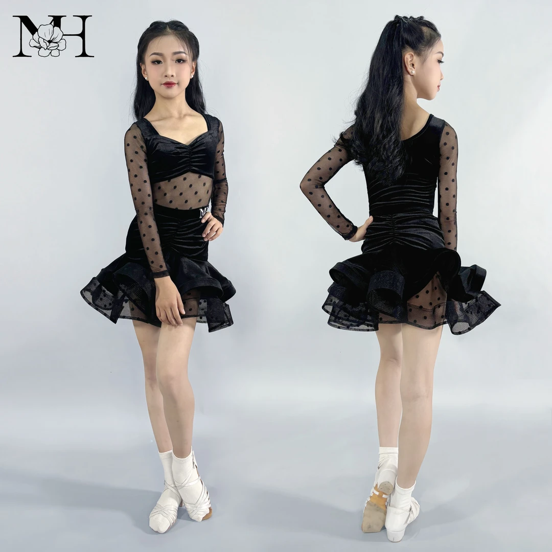 【甜美波点】MH DANCE少儿拉丁舞黑丝绒双鱼骨裙摆训练服