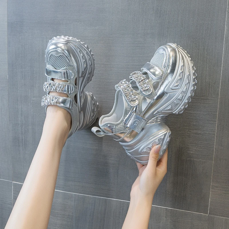 增高8cm老爹鞋女小白鞋2024夏季透气松糕鞋厚底运动休闲鞋9131-3