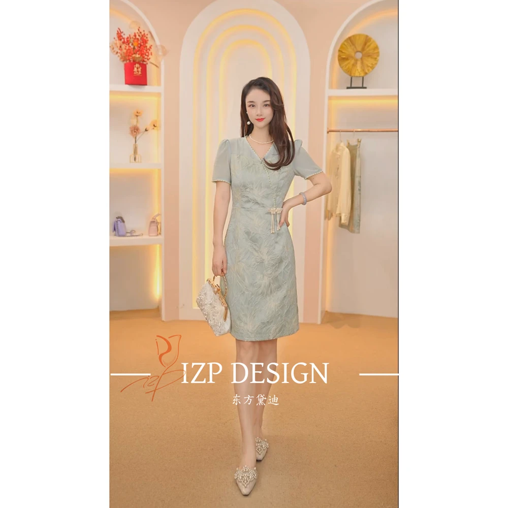 IZP东方黛迪 【青荷】新中式国风优雅收腰显瘦连衣裙夏季PB73342