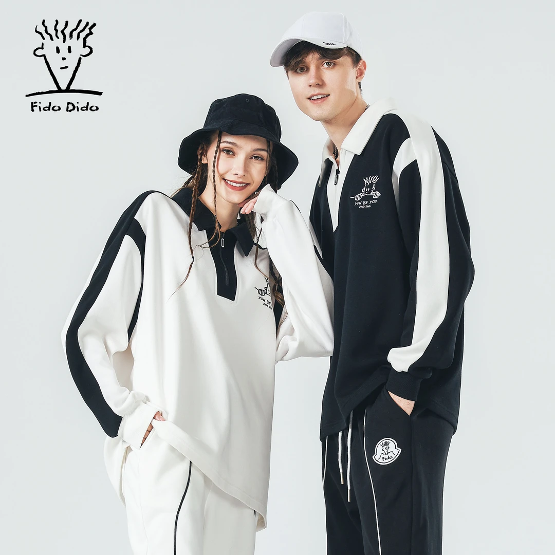 【FIDO DIDO】春款POLO领拼接卫衣男女同款FDCSW0026HJ