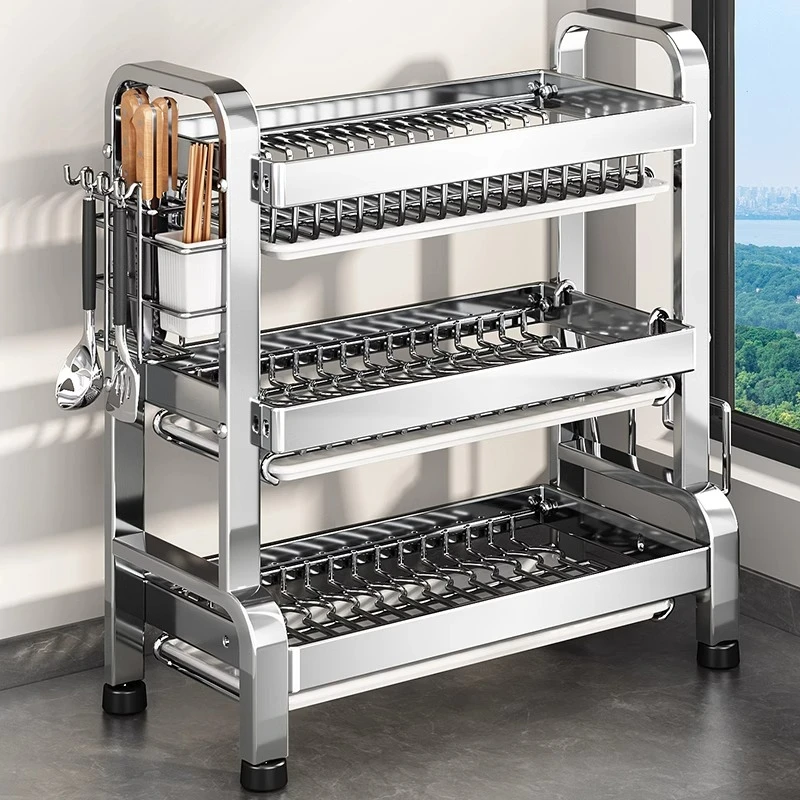 优勤台面不锈钢碗碟收纳架家用多功能厨房置物架放碗筷碗盘沥水架