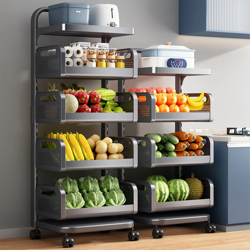 厨房置物架落地多层放果蔬菜收纳筐多功能锅具可移动小推车菜篮子