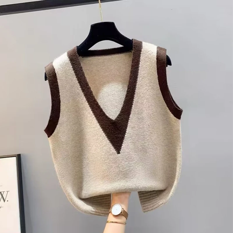 马甲针织背心女士秋季外搭2022年新款毛衣条纹拼色宽松V领叠穿潮