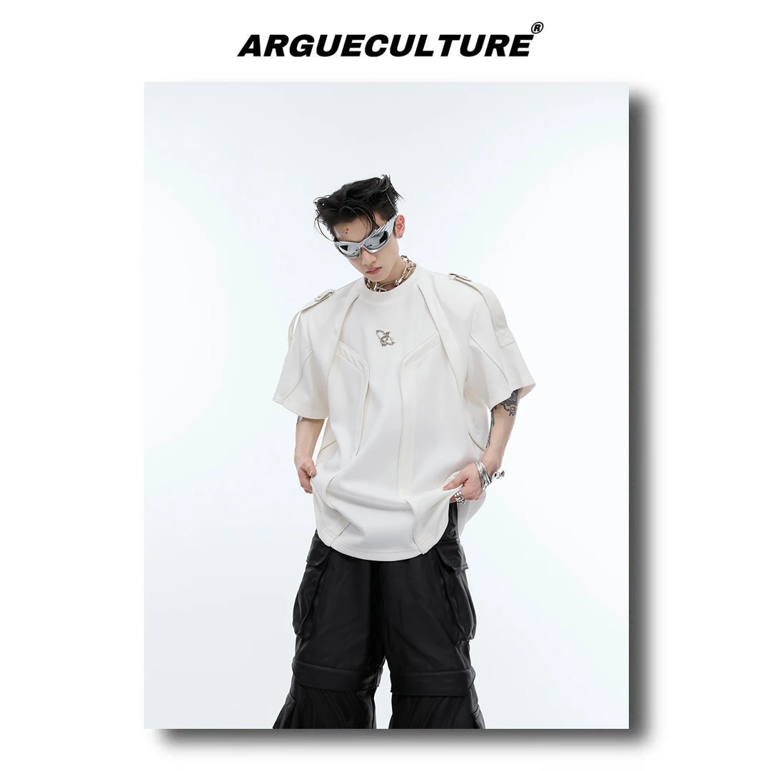 CulturE24ss小众解构立体设计感短袖重工拼接肩带宽松高级T恤男潮