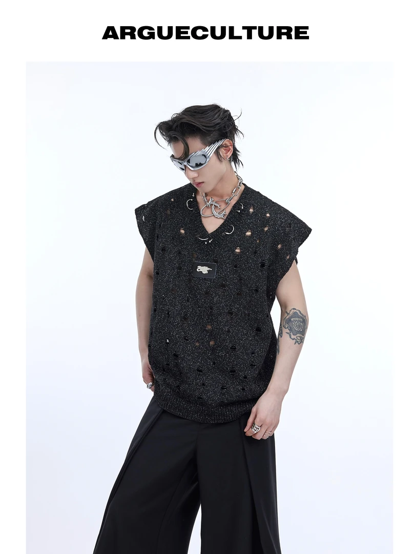 CulturE夏季小众重工金属破坏设计感针织背心亮面细闪披肩无袖T恤