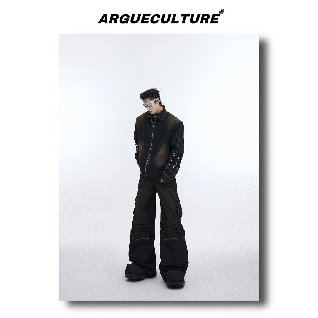 CulturE重磅小众复古做旧牛仔套装废土夹克外套拉链大口袋工装裤