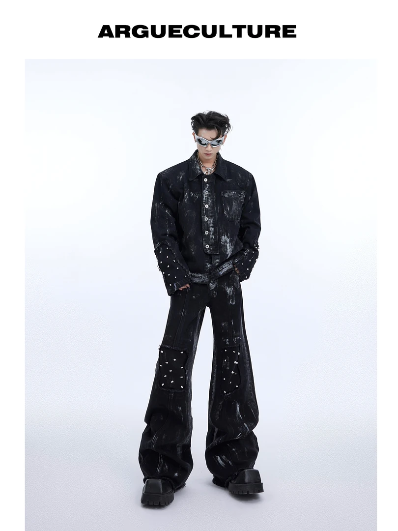 CulturE小众金属铆钉设计感牛仔外套套装重磅手绘做旧微喇牛仔裤