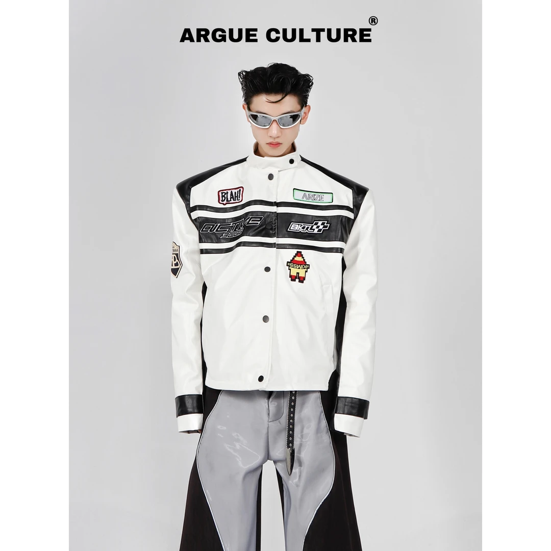 CulturE美式复古机车服垫肩设计皮衣外套无领小众高级棒球服夹克